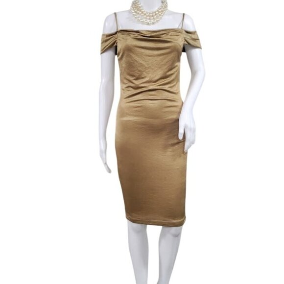 Mystic Los Angeles Sophisticated Glam Off-Shoulder Gold Bodycon Dress Small - Picture 2 of 8